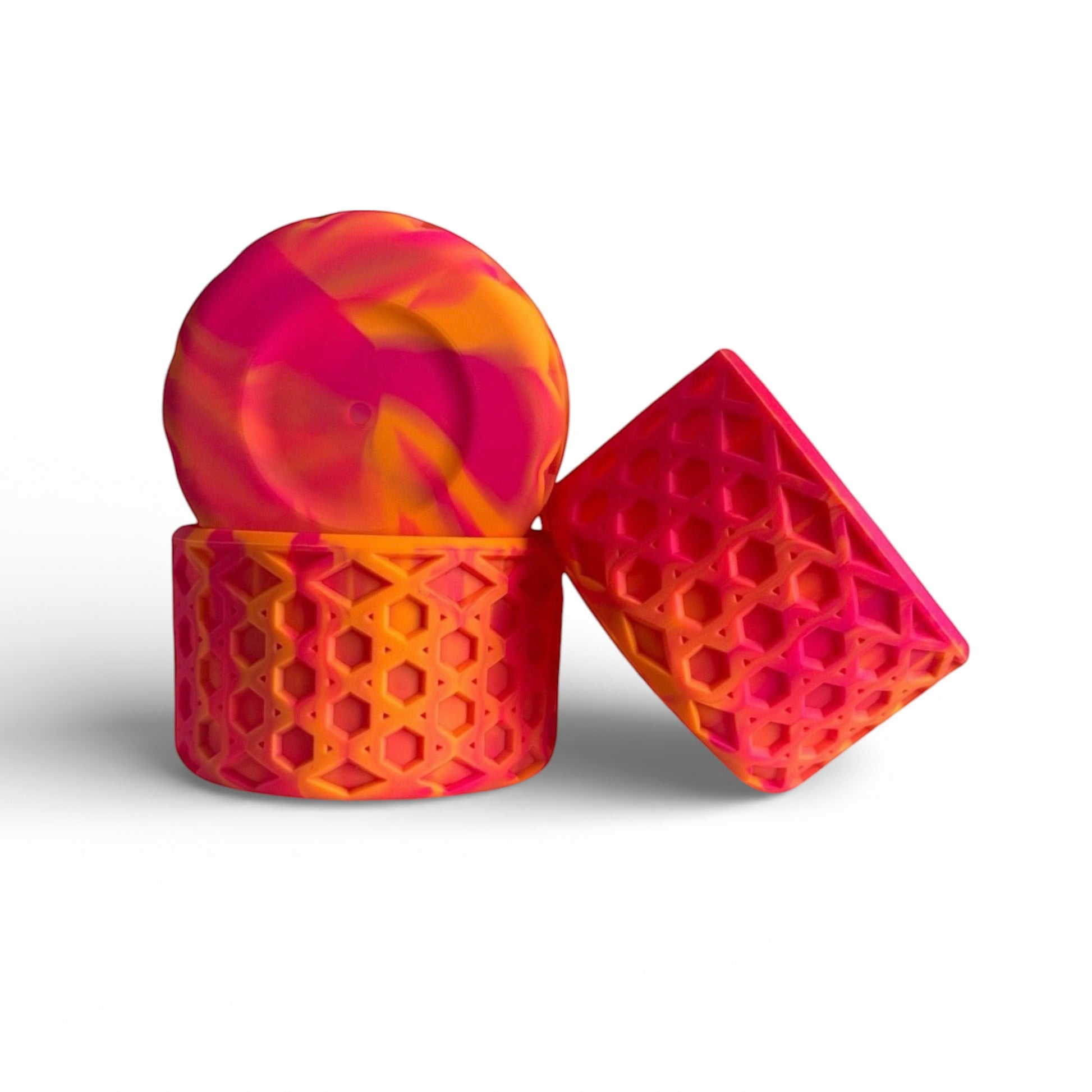 Next Nirvana Summer Sunset waffle-textured silicone tumbler boot and matching 3D bow straw topper in orange and pink.