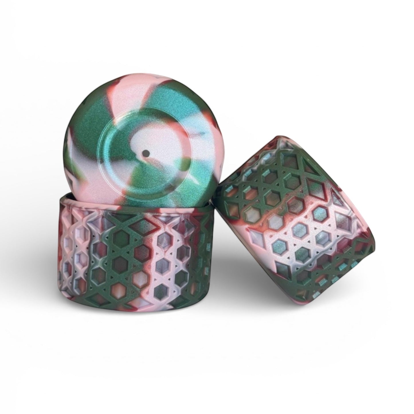 Next Nirvana Watermelon Moonshine shimmer silicone tumbler boot set with 3D waffle texture in pink and green swirl