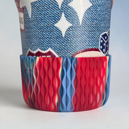 Next Nirvana silicone tumbler boot in red, white, and blue waves pattern for 20-40oz insulated cups.